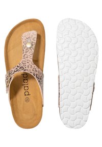 Sandali a fantasia beige e rosa con fascetta tra le dita, dettaglio con fibbia e soletta texturizzata; suola in gomma bianca con un motivo ondulato.