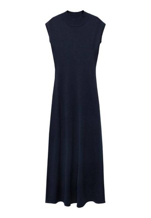 Marineblaue Strickkleid mit kurzen Puffärmelchen, hohem Ausschnitt und einer fließenden Silhouette, die bis zur Mitte der Waden reicht, mit einer glatten Textur.