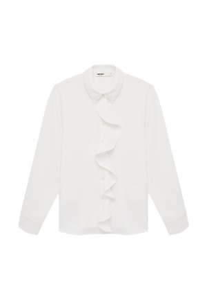 Weiße Langarmbluse mit spitzem Kragen und zentraler, geraffter Knopfleiste, flach auf weißem Hintergrund präsentiert.