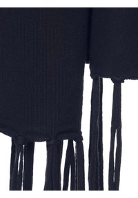 Schwarzer gestrickter Schal mit fransigen Enden, aus weichem Material, mit glatter Textur und sauberen Kanten.
