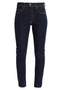 Mörkblå högmidjade skinnyjeans i denim, med en klassisk femfickdesign, guldtråd och dragkedja.