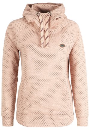 Hooded sweatshirt, light pink with dark polka dots, soft fabric, front kangaroo pocket, adjustable drawstrings with striped accents.