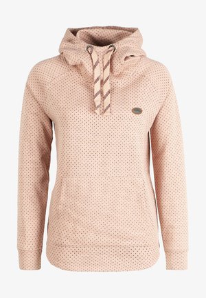 Felpa con cappuccio, rosa chiaro con grandi pois scuri, tessuto morbido, tasca a marsupio frontale, lacci regolabili con dettagli a righe.