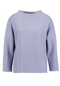 Ljuslila stickad tröja med horisontella ränder, rund halsringning och trekvartsärmar. Mjuk textur med avspänd passform.