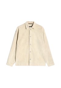 Beżowa kurtka ze sztruksu z przodu zapinana na guziki, z ostrym kołnierzem i długimi rękawami. Gładka faktura i subtelny połysk.