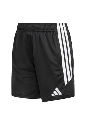 Schwarze Sportshorts mit elastischem Bund. Mit drei weißen Streifen an der Seite und einem Logo am Saum. Hergestellt aus glattem Stoff.