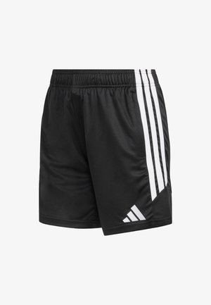 Shorts de sport noirs avec une ceinture élastique. Dotés de trois bandes blanches sur le côté et d'un logo sur l'ourlet. Fabriqués en tissu lisse.