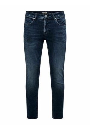 Mørkeblå slim-fit herrejeans med forlommer, knaplukning og subtile, falmede detaljer på lårerne.