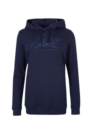 Sweat à capuche bleu marine avec cordons, manches longues et texte « California » sous un logo script stylisé sur la poitrine.