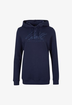 Granatowa bluza z kapturem ze sznurkami, długimi rękawami i napisem „California” pod stylizowanym logo w stylu pisma na piersi.