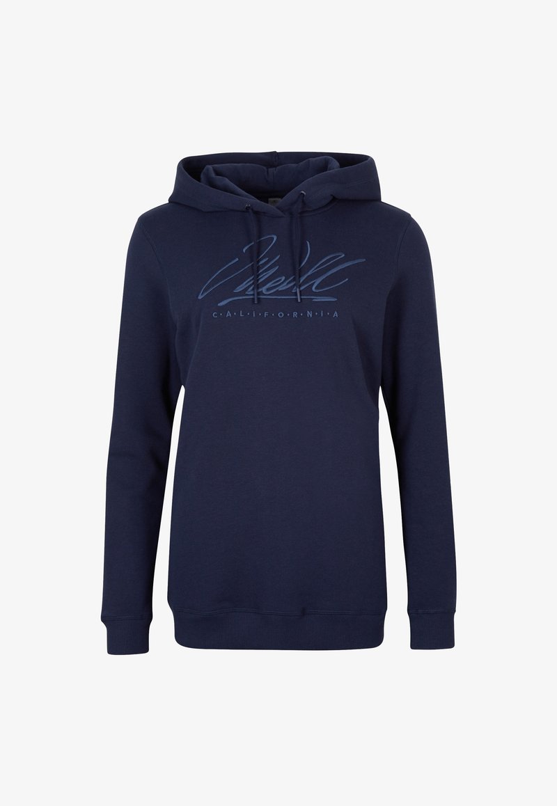 Sweat à capuche bleu marine avec cordons, manches longues et texte « California » sous un logo script stylisé sur la poitrine.
