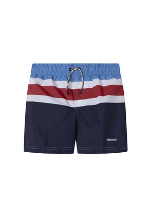 Shorts de bain bleu marine avec des rayures horizontales bleu et rouge, taille élastique et cordon de serrage. Logo de la marque en bas de la jambe.