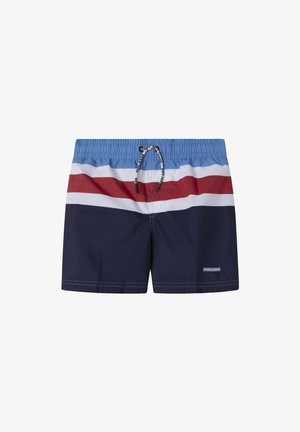 Costumi da bagno blu navy con strisce orizzontali blu e rosse, elastico in vita e coulisse. Presenta il logo del marchio sulla gamba inferiore.