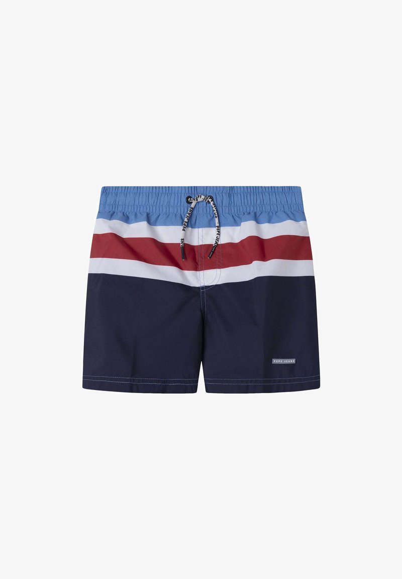 Temno modri kopalni šortsi z modrimi in rdečimi vodoravnimi črtami, elastičnim pasom in vrvico. Značilna je blagovna znamka na spodnjem delu noge.