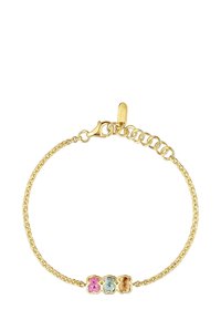 Złota bransoletka z łańcuszkiem z trzema kamieniami szlachetnymi w kształcie misiów w kolorach różowym, niebieskim i bursztynowym. Proste zapięcie i regulowana długość.