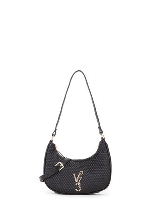Borsa a tracolla nera con trama intrecciata, tracolla regolabile e logo dorato "V73" sul davanti, chiusura superiore con zip.