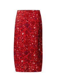 Rote knielange Rock mit Blumenmuster aus glattem Material, ausgestattet mit einem Taillenbund und einem schmalen, figurnahen Design. Akzente setzen blaue und weiße Blumen.