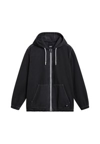 Svart zip-up huvtröja gjord av tyg med en slät yta. Har vit sömnad, två framfickor och justerbara dragsnören.