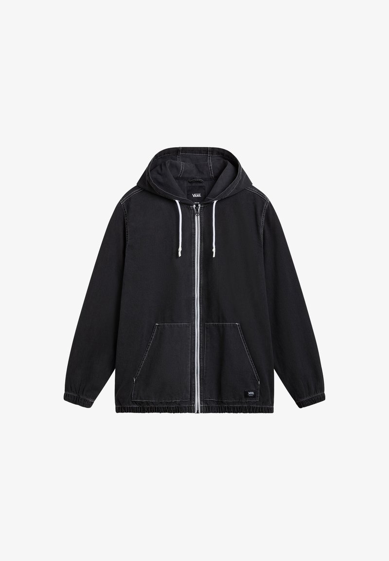 Black zip-up hooded jacket made of fabric with a smooth texture. Features white stitching, two front pockets, and adjustable drawstrings.