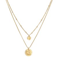 Guld-tone lagd halskæde med to kæder og cirkulære vedhæng; det ene er tekstureret med et synligt 925-stempel, og det andet er glat.