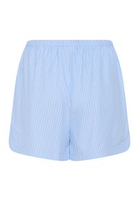 Shorts bleu clair avec fines rayures blanches verticales et taille élastique, présentés sur fond blanc.
