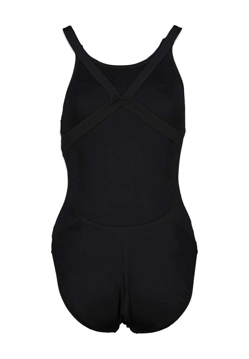 Maillot de bain une pièce noir avec des bretelles croisées dans le dos, design ajusté, texture lisse et jambes échancrées pour faciliter le mouvement. Sans motifs ni accents.