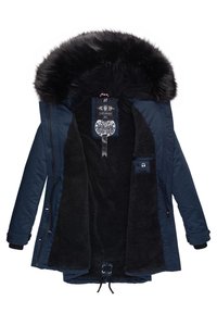 Marineblauwe parka met een afneembare nepbont capuchon, zwarte fleece voering, verstelbare trekkoord zoom en zijzakken met rit sluitingen.