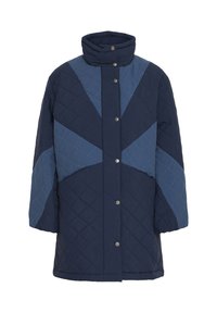 Chaqueta larga acolchada con un alto cuello, combinación de colores en azul marino y azul claro, botones a presión y un corte relajado.