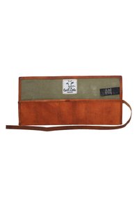 Leather tool roll in earthy brown and olive green, featuring stitched sections for tools, a tie strap, and a logo patch.