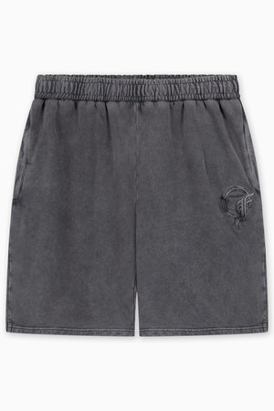 Shorts gris en tissu doux, dotés d'une taille élastique et de poches latérales. Comprend un discret détail de logo brodé sur l'ourlet.