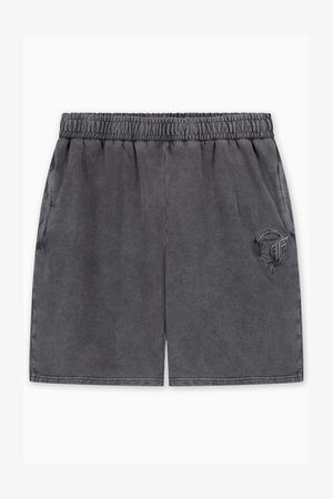 Grijze shorts van zachte stof, met een elastieken tailleband en zijzakken. Bevat een subtiele geborduurde logo-detail op de zoom.