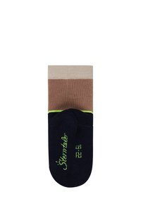 Bunter Socken mit einem beigen und braunen gestreiften Design, navy-farbenem Fußbereich und grüner Logo-Schrift, aus weichem, strukturiertem Stoff gefertigt.