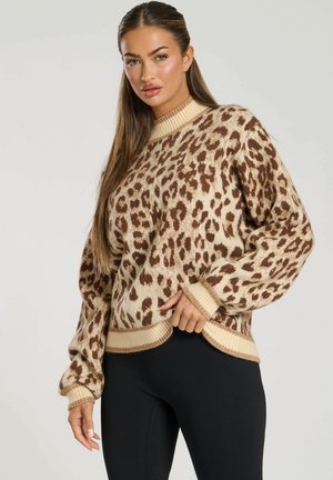 Maglione crema con macchie leopardate marroni. Presenta un colletto e orlo a coste, maniche lunghe e una vestibilità rilassata. Texture morbida, design casual.