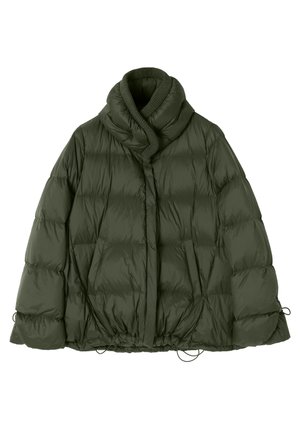 Olive green puffer jacket with a high, folded collar. Features quilted pattern, front pockets, and adjustable drawstring at the hem.