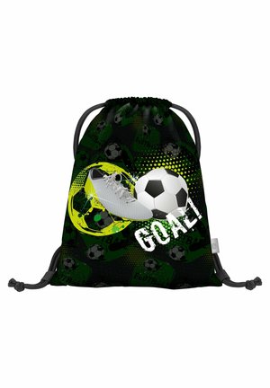 Sac à cordon noir avec des graphismes de football verts et jaunes, une chaussure blanche, un ballon noir et blanc, et le mot "GOAL!" en lettres blanches en gras.