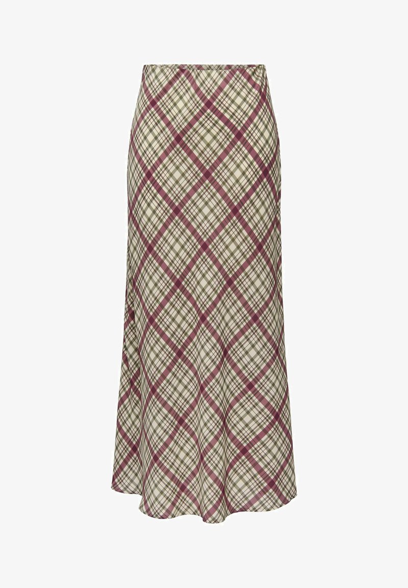 Jupe longueur genou en tissu léger avec un motif à carreaux beige, olive et bordeaux ; coupe évasée avec une fente latérale.