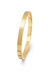 Gold bangle bracelet featuring a smooth finish with four parallel grooves. Engraved branding on the inner surface, minimalistic design.