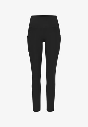 Black leggings made of stretchy material, featuring a high waist and side pockets. Smooth texture with no visible patterns or hardware.