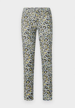 Pantalons à imprimé léopard dans des nuances de gris, jaune et bleu. Ajustés, avec une texture lisse et une fermeture à bouton à la taille.