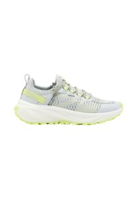 Lightweight athletic shoe featuring a breathable mesh upper in gray with neon green accents, a cushioned white sole, and reflective detailing.