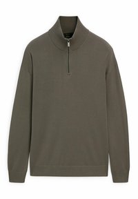 Khaki-grüner Pullover mit hohem Kragen, ausgestattet mit einem kurzen Reißverschluss sowie gerippten Bündchen und Saum. Glatte Stoffoberfläche, lockere Passform.