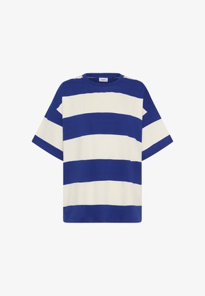 Pruhované tričko v modrej a krémovej farbe s voľným strihom. Má krátke rukávy a okrúhly výstrih. Látka z bavlny s jemnou textúrou.