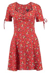Rotes kurzes Kleid mit kurzen Ärmeln, kleinen rosa, gelben und weißen Blumenmustern, einem Herzausschnitt und Bindedetails an den Ärmeln.