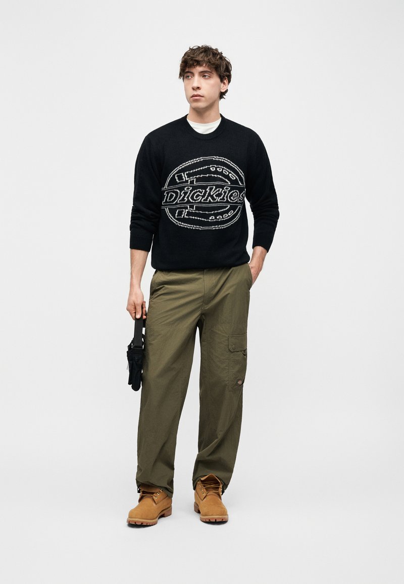 Junger Mann trägt schwarzen Dickies-Pullover, olivgrüne Cargohose, beige Stiefel, hält schwarze Handschuhe und steht vor einem schlichten weißen Hintergrund.