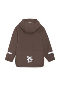 Brun vattentät jacka med elastisk huva, vita reflexsträck på ärmarna och en koala-grafik på baksidan. Slät textur, avslappnad design.