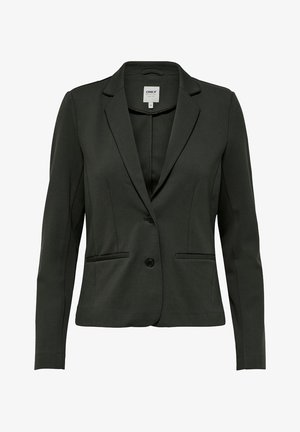 Dark green women's blazer with two buttons, notch lapel collar, long sleeves, and two front welt pockets.