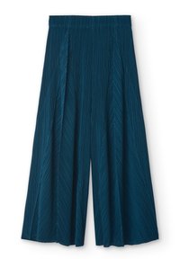 Large culottes plissés en teal avec un tissu texturé, dotés d'une taille élastique confortable et tombant au niveau du mollet.