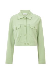 Cropped light green jacket with a button-down front, two chest pockets, and a wide collar, made from soft fabric with a smooth texture.