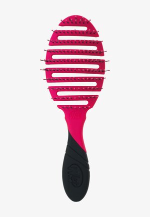 Afviklingsbørste til hår med en livlig pink plastik krop, aflange oval form, fleksible børster og et tekstureret sort gummihåndtag.