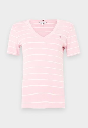 Pink short-sleeve V-neck shirt with thin white horizontal stripes and small embroidered logo on the left chest.